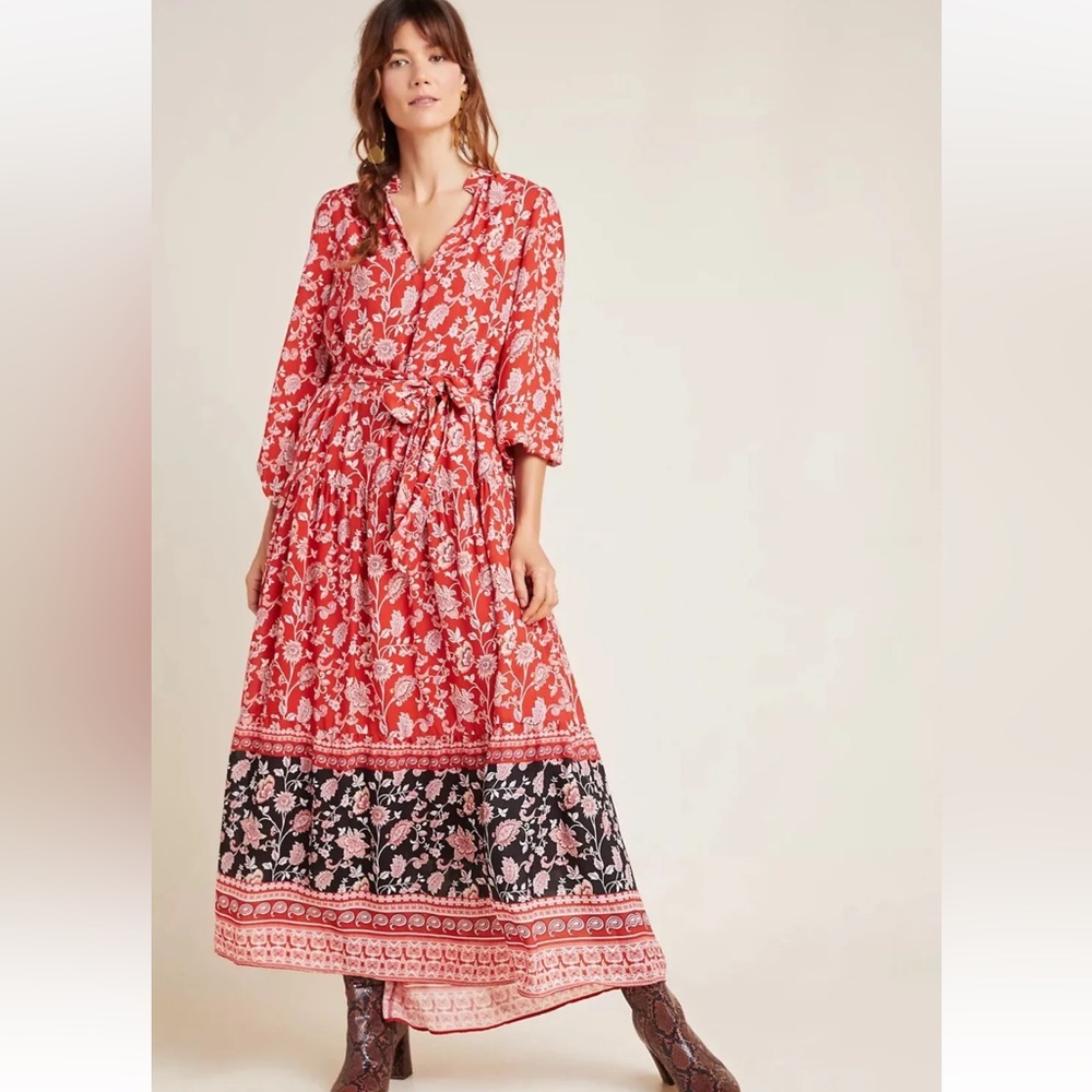 NWT ANTHROPOLOGIE MAEVE Melina Boho Floral Belted Paisley Maxi Dress S Prairie